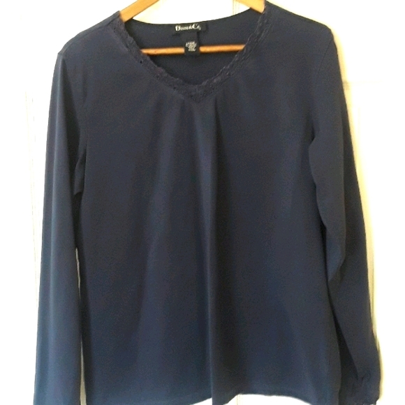 Denim&Co Tops - Denim  & Co Sz L Navy Long Sleeve Lace Trim Shirt